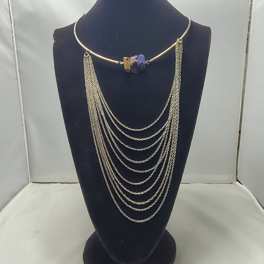 Gimmicks Silver-Tone Aura Quartz Crystal & 10-Row Multi-Strand Layered Collar Ne - Picture 2 of 9